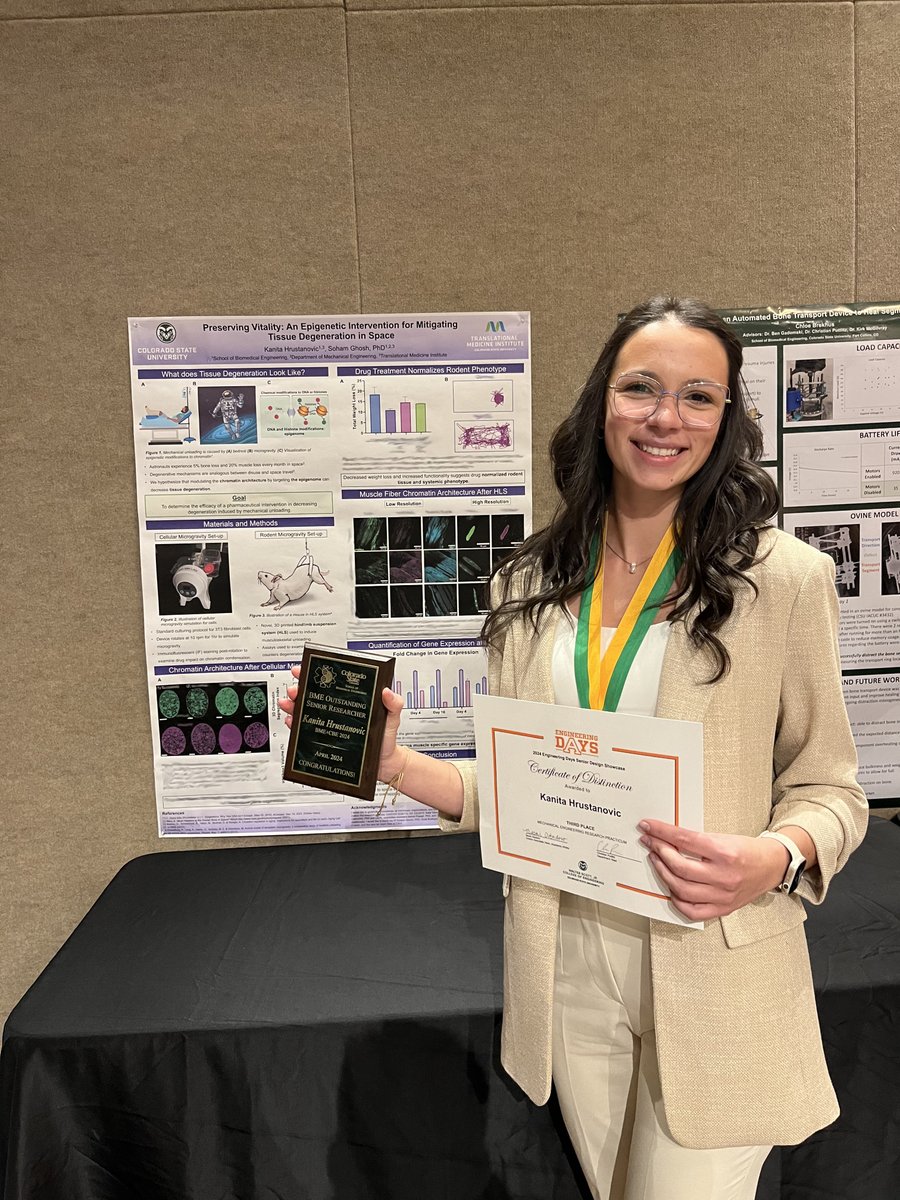 Celebrating a proud PI moment! <a href="/kanita_h2/">Kanita</a>, an #NSFREU undergraduate researcher soon to embark on her PhD journey within our lab clinched two awards in the CSU e-days for her exemplary contributions to our NSF/NASA funded project on "mitigating tissue degeneration in space."