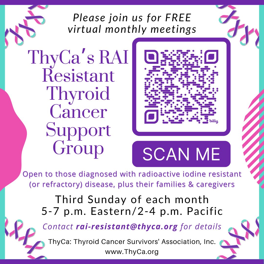 Tomorrow is the RAI-R Virtual Support Group. To join, write to rai-resistant@thyca.org. To learn more ahead of the meeting about RAI-R, watch this video: youtu.be/oQhMix-ADCk. Also check this website: thyca.org/sg/sig-rai-res… #ThyCa