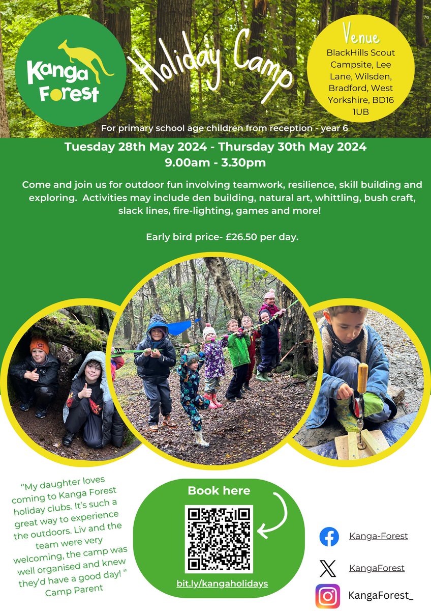 🚨HOLIDAY CLUB🚨 Kanga Forest holiday camp is back 28th, 29th & 30th May at Blackhills scout campsite. This camp is suitable for primary aged children reception (4yrs)-year 6 🌳🌲💚 kangasports.classforkids.io/camp/362 #holidayclub #forestschool