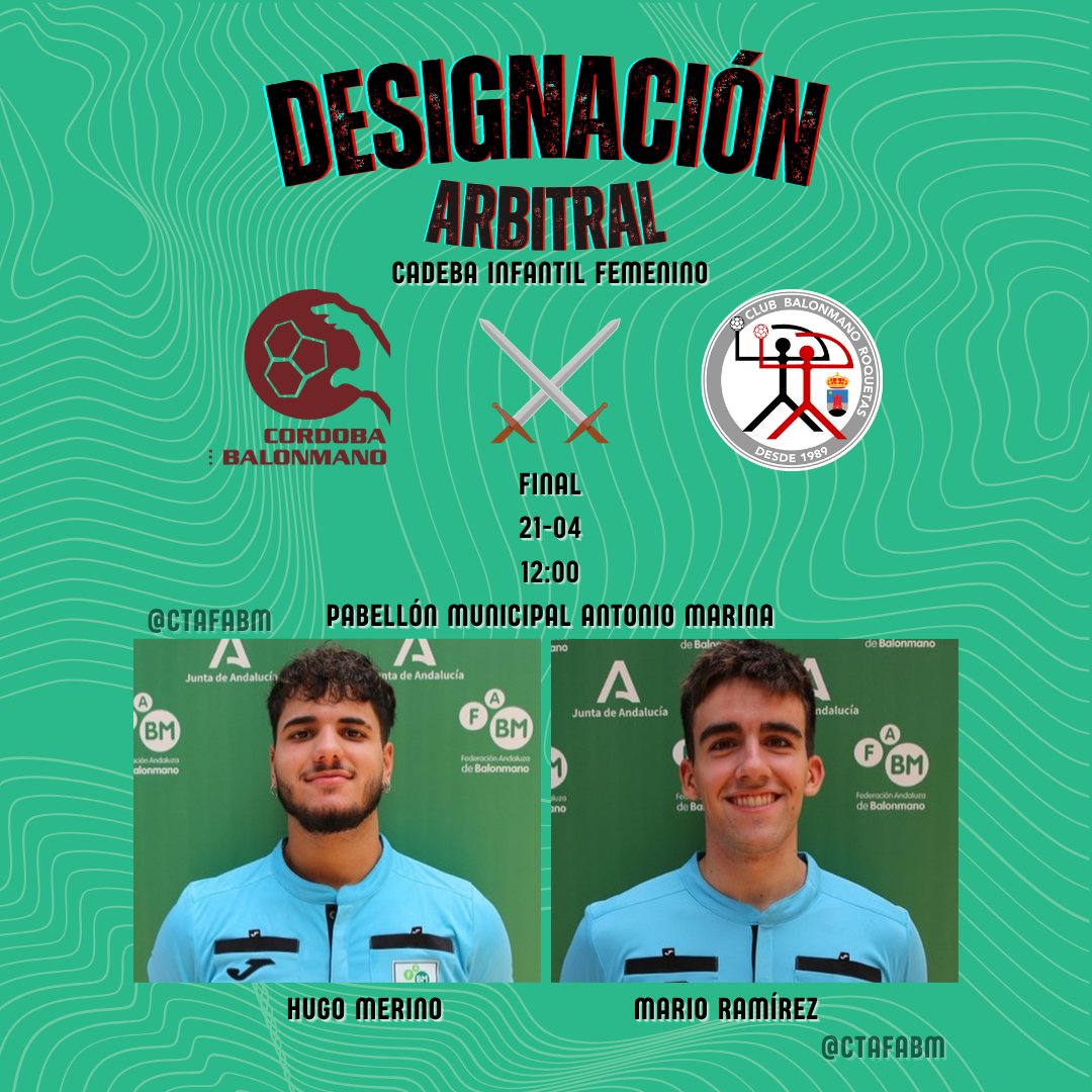 ‼️Designación arbitral #Cadeba24 femenino‼️

👩‍⚖️Soraya Hernández y Tamara Hernández
🏆 3º y 4º puesto
⏰ 10:00
⚔️ EM Carboneras 🆚 <a href="/DolmenesAtqBM/">Balonmano Dólmenes Antequera</a> 

💪Hugo Merino y Mario Ramírez
🏆 Final
⏰ 12:00
⚔️ <a href="/CordobadeBM/">Club Córdoba de Balonmano CBM</a>  🆚 <a href="/BM_Roquetas/">Club Balonmano Roquetas</a> 

🔝¡Muchos éxitos compañeros!