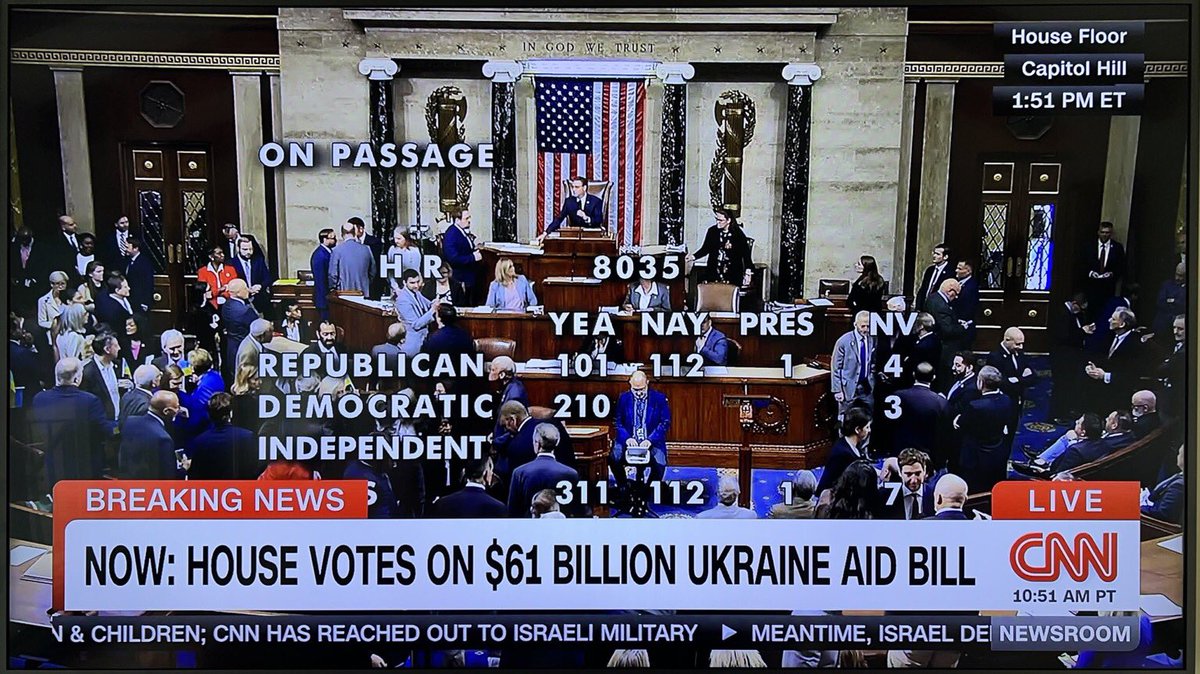 210 House Dems—100%— voted for $60.8 billion Ukraine aid package. 101 House Rs out of 214 voting today — 47%— voted for it. 112 House Rs—52%— voted against. 1 voted present.