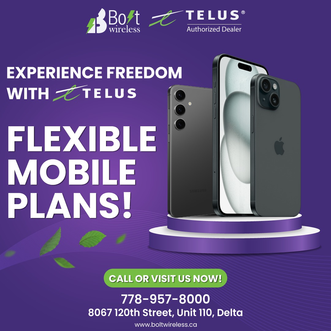 Telus Flexible Mobile Plans at Bolt Wireless! Get the data you need, Our flexible plans let you adjust on the go, perfect for any lifestyle.
☎  +𝟏 𝟕𝟕𝟖-𝟗𝟓𝟕-𝟖𝟎𝟎𝟎
Visit 🚗 your nearby outlet📲
 #boltwireless   #TELUS #TelusAuthorizedDealer  #TELUS #Koodo