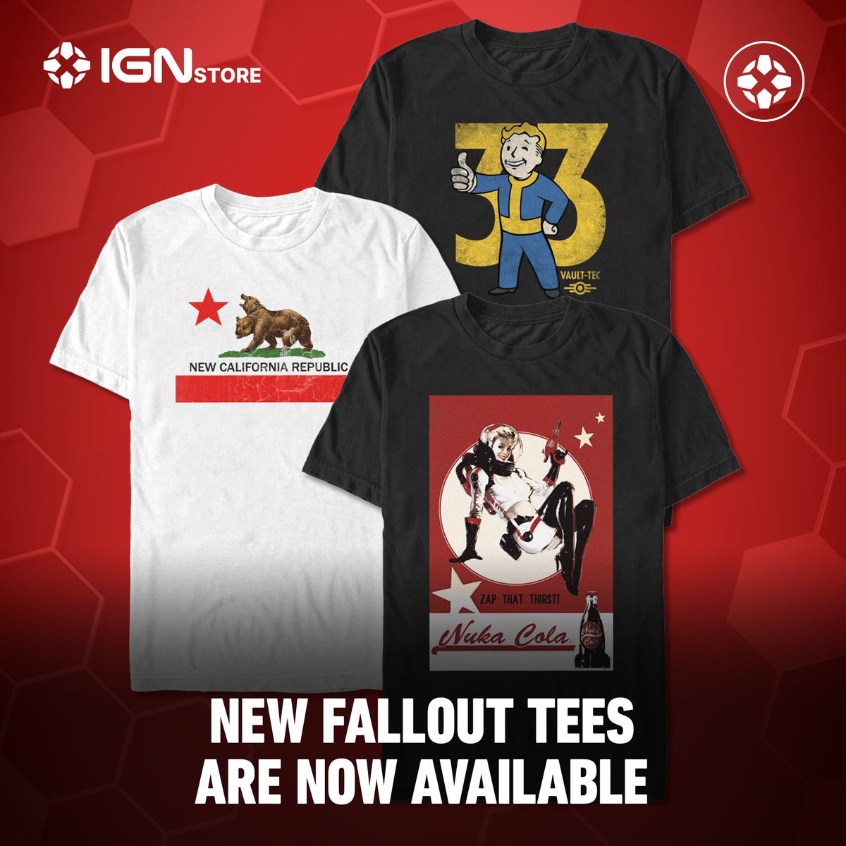 You can buy new tees inspired by the Fallout universe on IGN Store! Gear up for the wasteland! Represent the New California Republic, your favorite post-apocalyptic soda, and more. store.ign.com/collections/fa…
