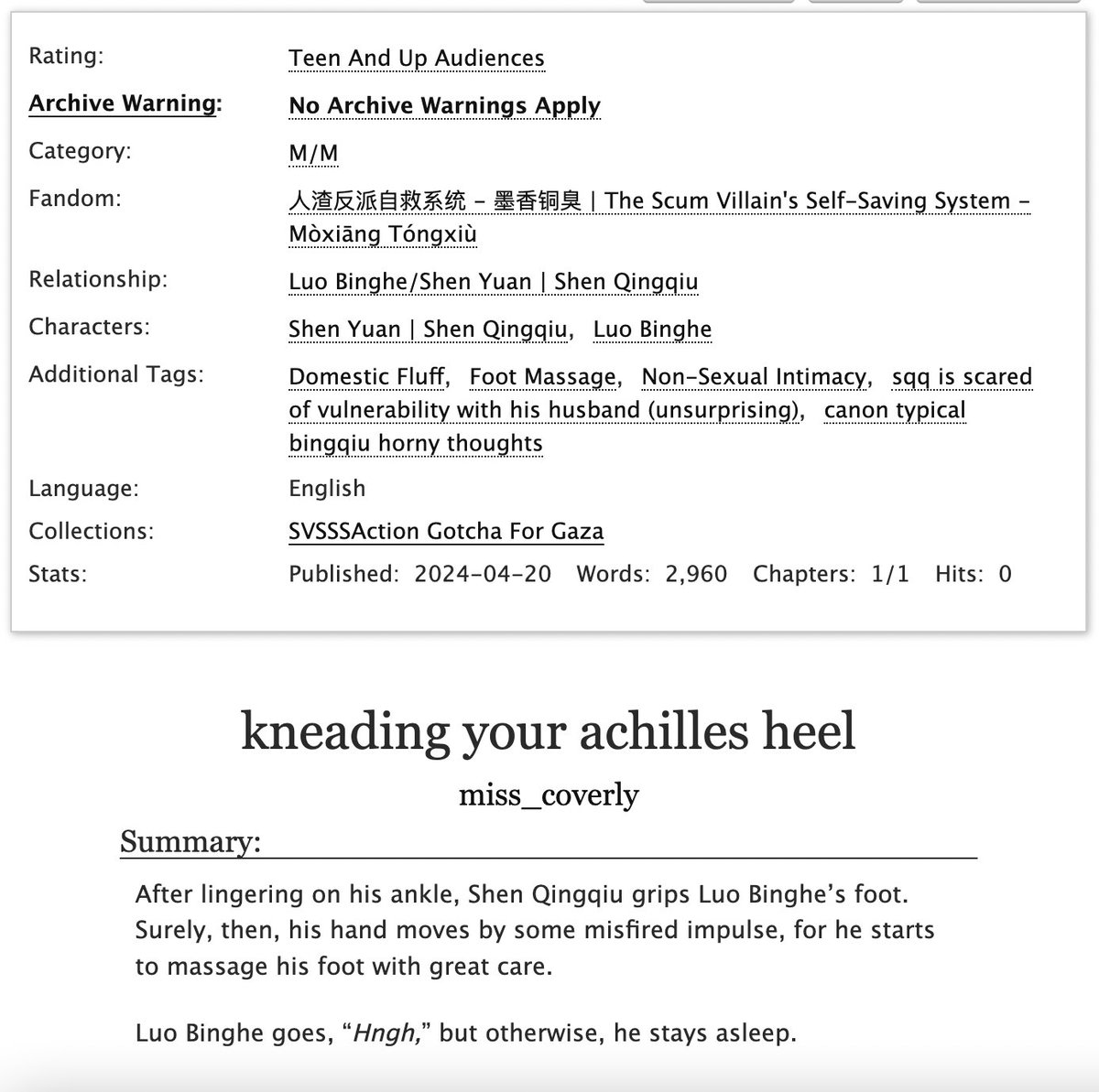 miss_coverly's tweet photo. NEW FIC 💘 domestic bingqiu for @demigod4ssassin
i hope you enjoy &amp; thank you for donating to @SVSSSAction :)

‣ scum villain's self-saving system
‣ bingqiu 
‣ 2.9k
‣ rated T
‣ sqq tenderly rubbing luo binghe's feet, fear of intimacy, sleepy fluff
https://t.co/fs3XqiNdwC https://t.co/g044lGImpc