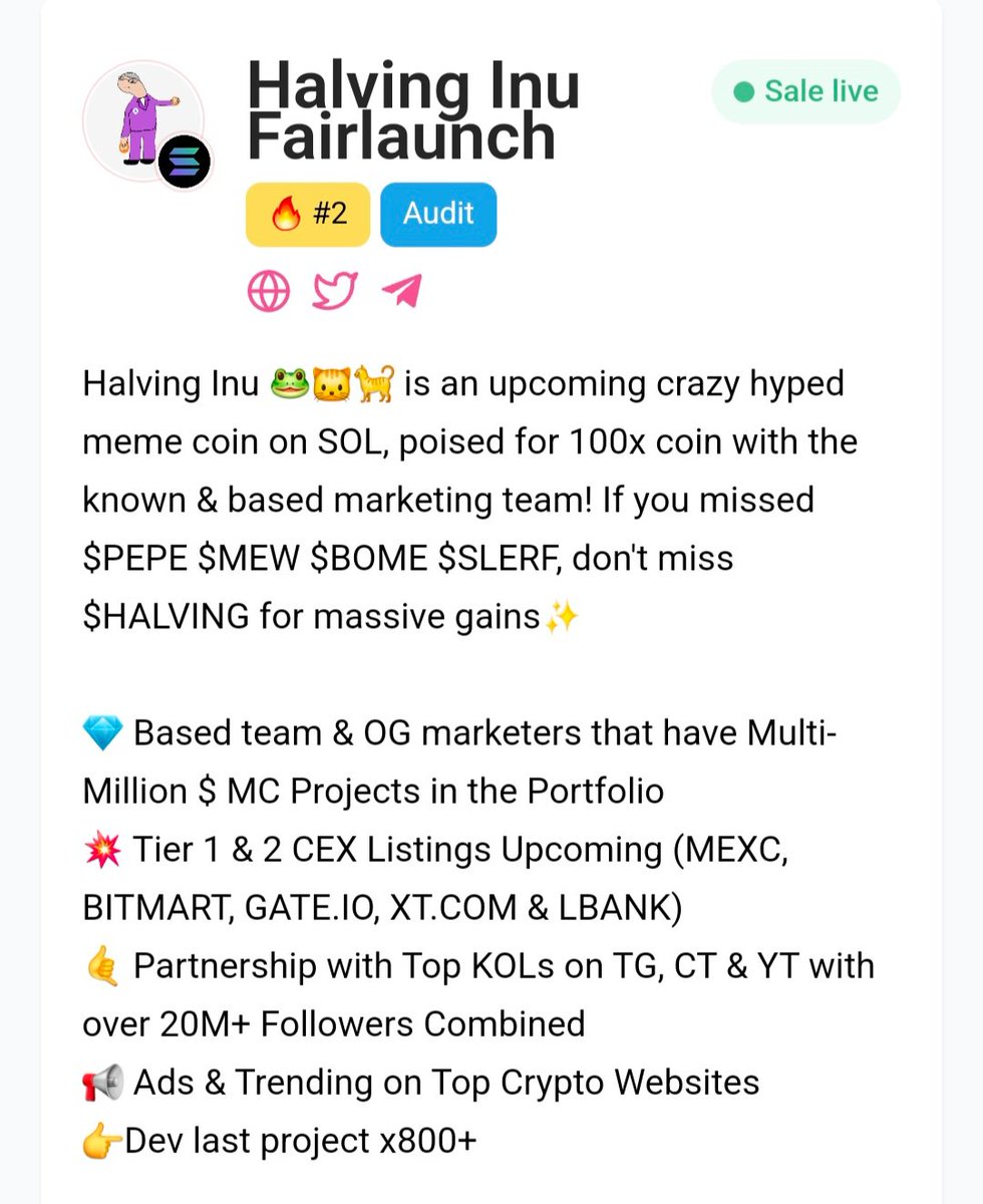 Halvin' number 2 on #Pinksale 

Presale live :  pinksale.finance/solana/launchp…

#HalvingInu #halving #Halving2024 #SolanaMemeCoins #solana
