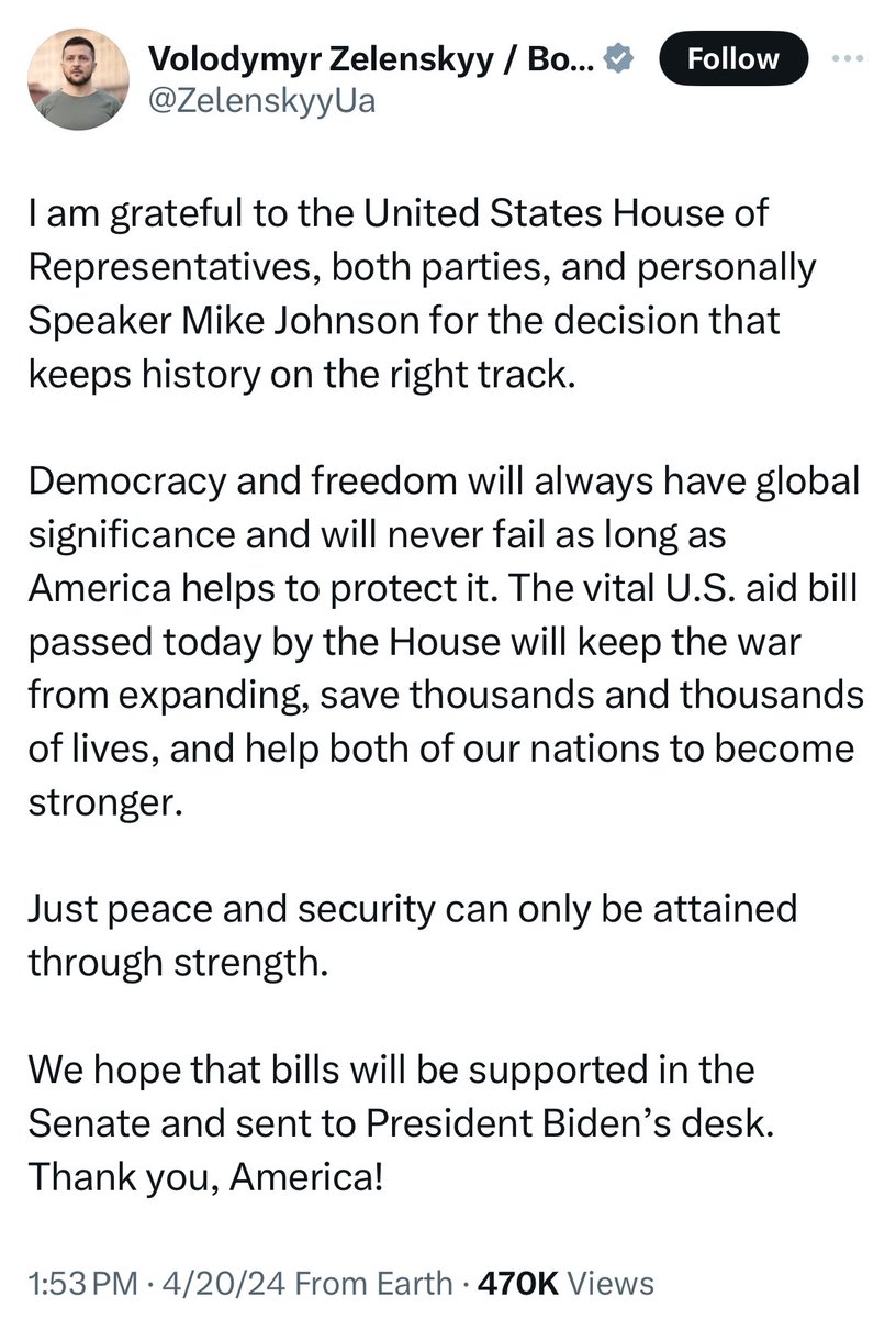 Zelensky thanks Speaker Mike Johnson (D-Ukraine) for sending $61 BILLION of your hard-earned tax dollars to fuel a foreign war. Johnson once again passed a bill with the help of Democrats while the majority of the Republican majority voted against it. Not only is Mike Johnson