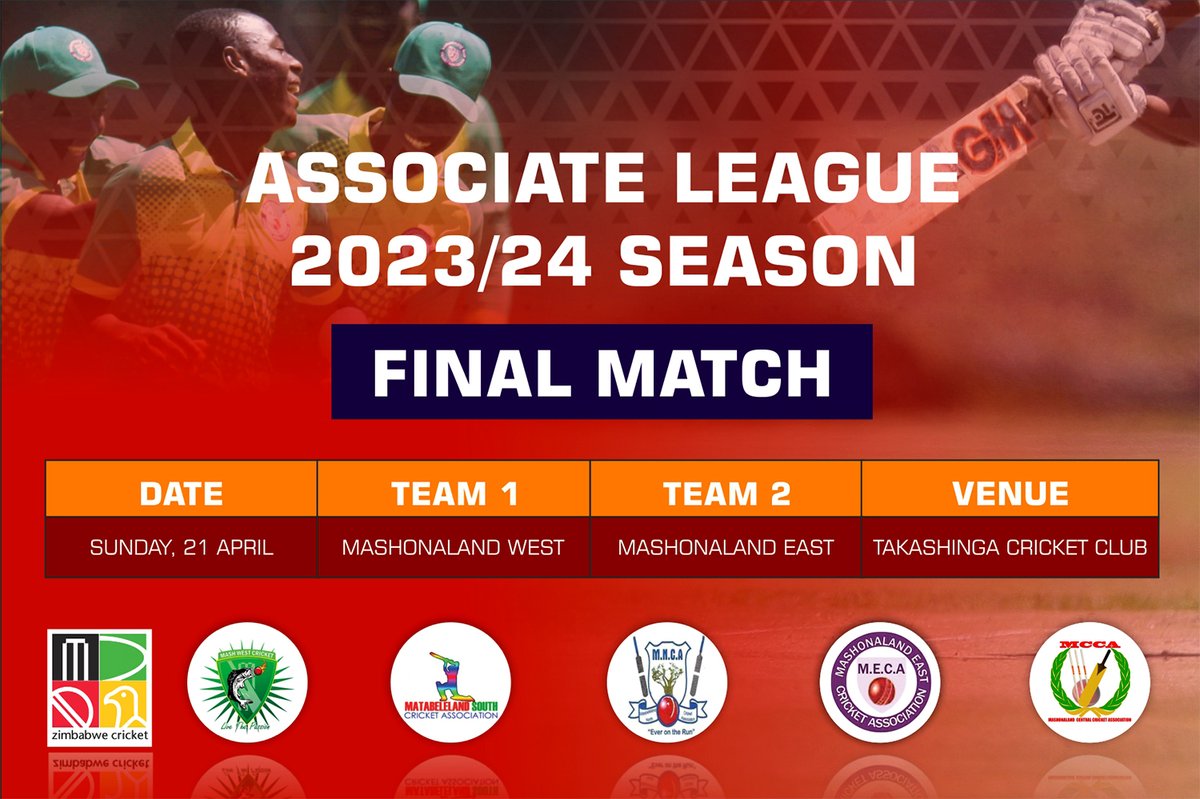 All set for the Associate League Final between Mashonaland West and Mashonaland East at Takashinga Cricket Club this Sunday, 21 April 2024! Match starts at 9.30am #AssociateLeague