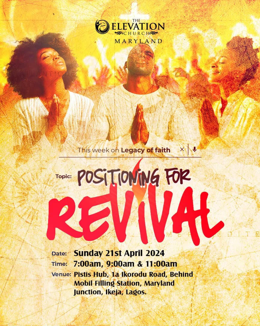 elevationMD's tweet photo. Where will you be tomorrow?
We will be glad if you can make it a date by joining us, as we learn from the feet of the master, #PositioningForRevival
Date: Sunday, April 21th, 2024.
Time: 7am, 9am & 11am
See e-flier for more details.
#OnEaglesWings
#ElevationMaryland https://t.co/wvuhiPLwMt