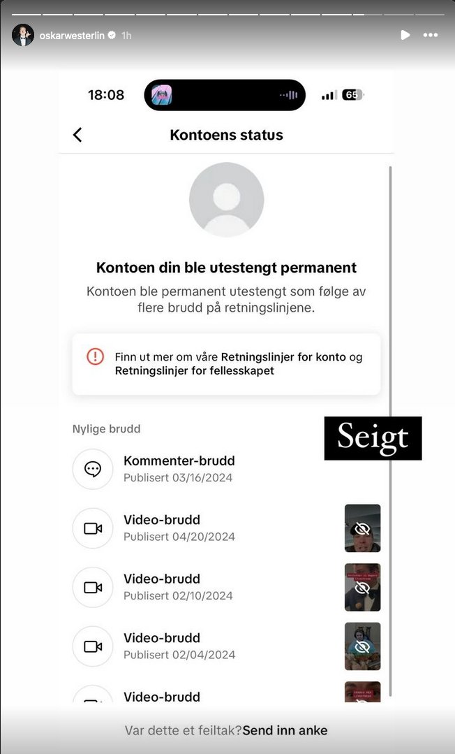 LiveStreamNorge's tweet photo. Oskar Westerlin permanent utestengt fra TikTok
#LiveStreamNorge https://t.co/qki1a3Anb7