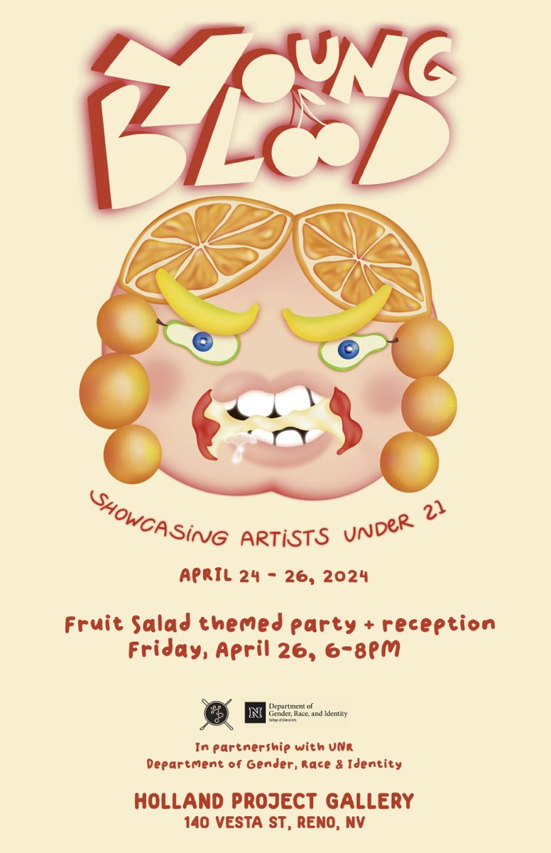 FRI 4/26🍓 Our 'Young Blood' Under 21 Artist Showcase returns w/ a fruit-salad-themed affair! Dress up and roll in to see work by 75+ emerging artists! We're also offering dj sets, live music, hands-on activities, and more! Yes, there will be fruit salad too. 🍉🍌 6-8pm, FREE!