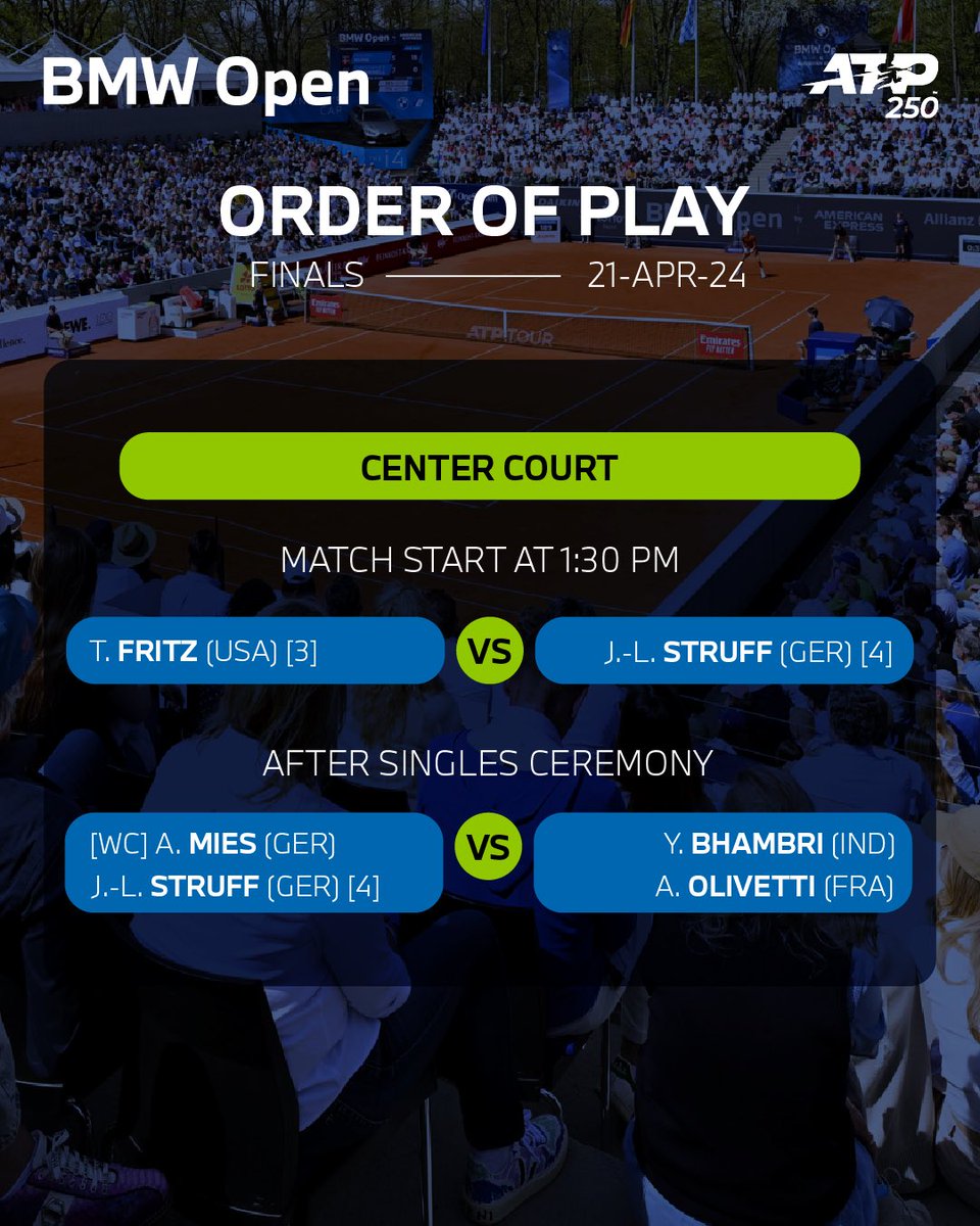 FINAL ORDER OF PLAY 2024! 🔥 ANNOUNCEMENT: Singles play before doubles as @Struffitennis competes twice tomorrow 🦾 #BMWOpen #tennis #munich #atp