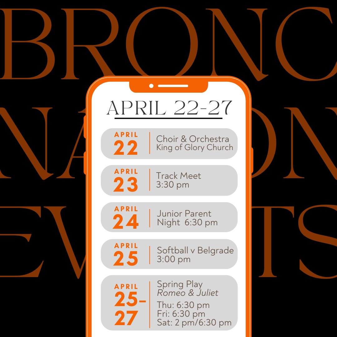Here's what's coming up April 22-27! Spring Concerts, Spring Sports, &amp; Spring Play! 🌸🌼🌺