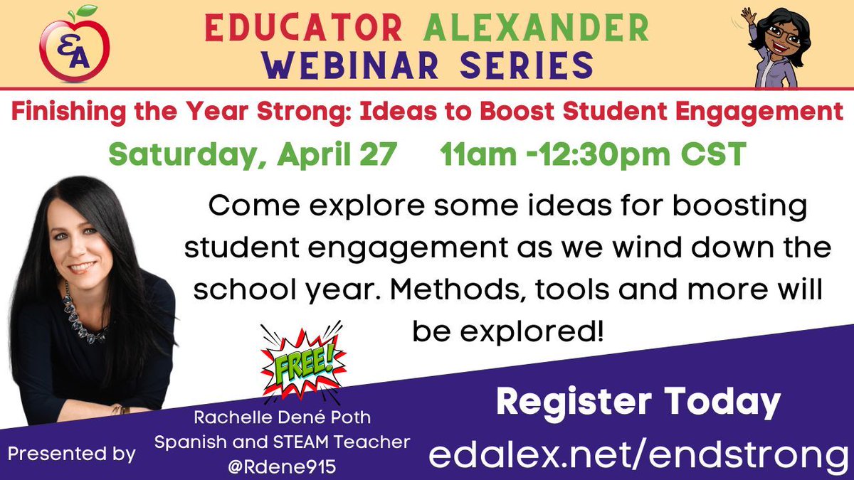 📢Finishing the Year Strong: Ideas to Boost Student Engagement
 
Sat., Apr 27
11a-12:30p cst
 
☑️edalex.net/endstrong

#EdChat #EdLeaders #Edu #Education #Educhat #Principals #Student #students #teacher #teachers #classroom #k12 #edtech #edutwitter #educoach @Rdene915