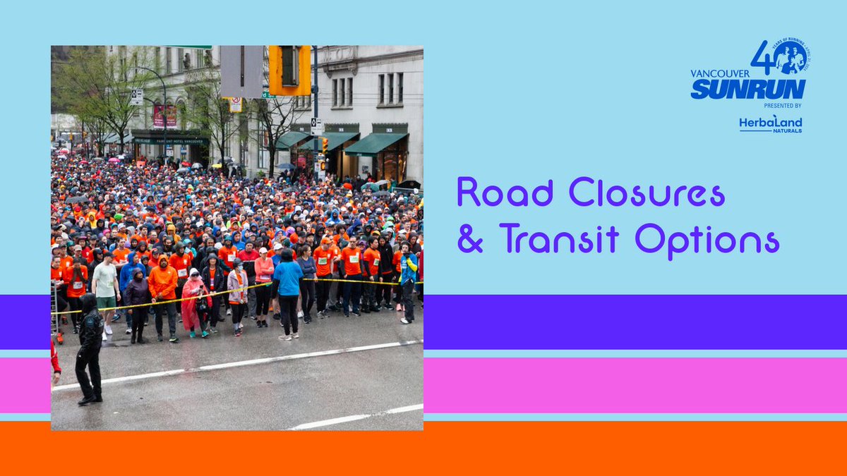 Road closures will be in effect on Sunday, April 21st for the #VanSunRun. More details: vancouversunrun.com/wp-content/upl… 

Taking public transit? Plan your race day transit route by visiting translink.ca

The Bike Valet will be providing free and secure bike parking.