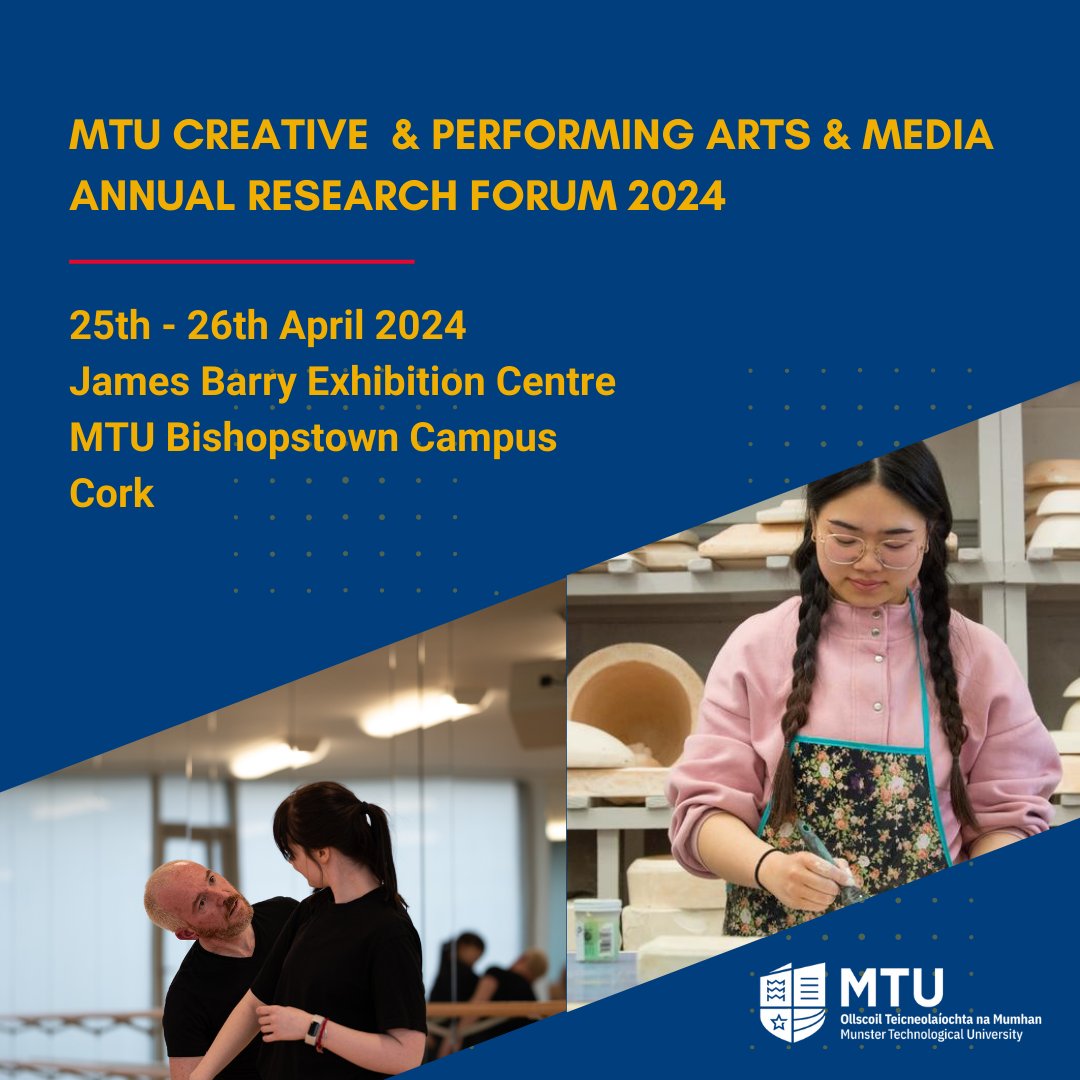 Our second Creative & Performing Arts & Media Research Forum will take place on the 25th & 26th of April at the James Barry Exhibition Centre, MTU Bishopstown Campus. It will be opened Dr Susan Rea at 13:15, Thu 25 April. #Research #ArtsResearch #ResearchCork