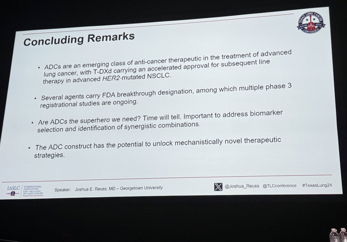 #TexasLung24 @Joshua_Reuss @LombardiCancer assembles all the ADCs (avengers) in lung cancer ➡️tumor agnostic HER2 ADCs (T-DXd) w ⬆️CNS activity ➡️challenging targets (anti-TROP2) ➡️new AEs to manage (ILD) ➡️Next generation of ADCs emerging. @IASLC #lcsm