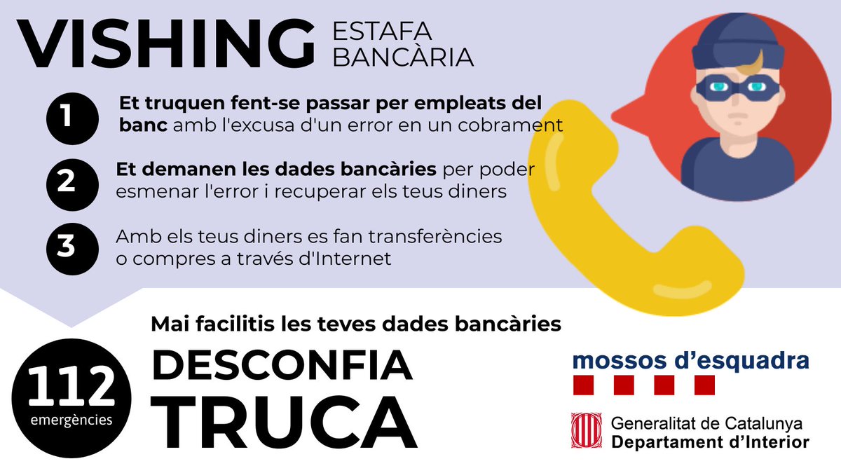 mossos's tweet photo. ⚠️ Suplanten el teu banc, inclús el telèfon, i t'avisen que algú ha accedit al teu compte

Et diuen que transfereixis els diners a un altre compte de seguretat, que et proporcionen ells, perquè no te'ls robin tots

És un altre cas de #Vishing

#InternetSegura @ciberseguracat https://t.co/L41NBzSepK