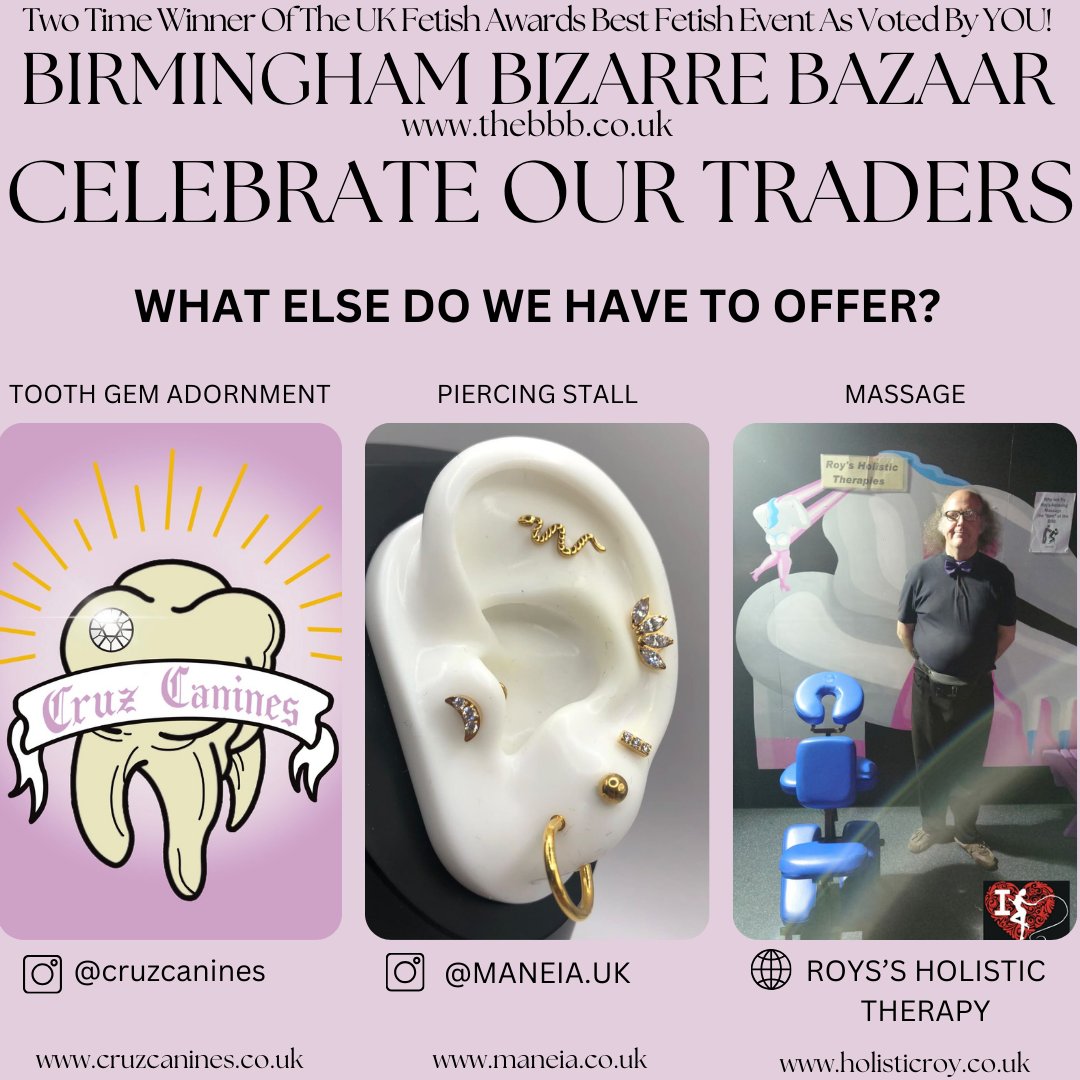 BBBAltFetBazaar's tweet image. Holistic &amp;amp; Accessories at The BBB? 
We've got it all. From tooth gems to massage, we even offer piercing! 
cruzcanines.co.uk
maneia.co.uk
holidticroy.co.uk
#smallbiz #lgbtqai #proudbrum #market #bbb #holistictherapies #massage #toothgems #piercing