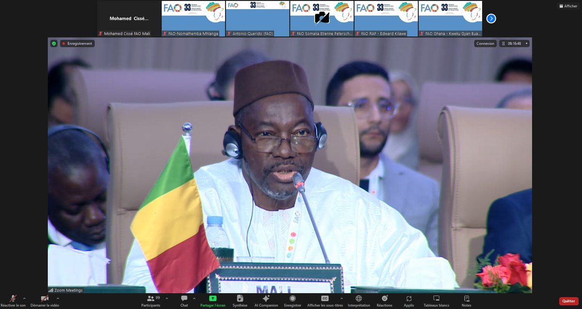 Lors de la session ministérielle de la 33ème session de la Conférence régionale de la #FAO pour l'#Afrique, M. le Ministre de l'#Agriculture du #Mali s'est exprimé sur la voie à suivre pour transformer les systèmes agroalimentaires. 🎥 > bit.ly/444lxNK #ARC33 #Sahel