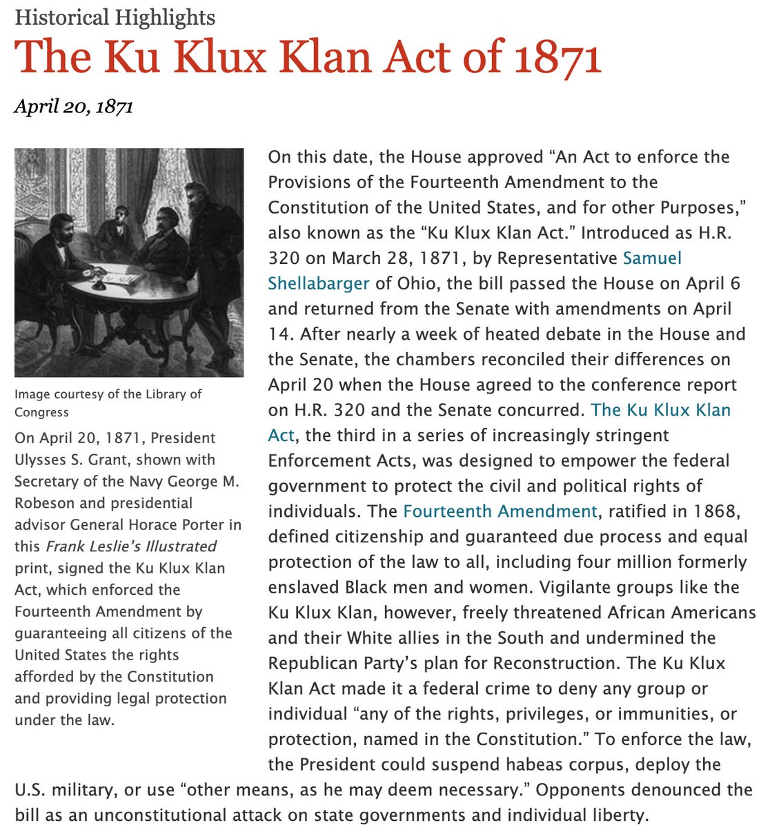 This Day in History... April 20, 1871: 'Ku Klux Klan Act' passed by Congress authorizing President Ulysses S. Grant to declare martial law and use military force to suppress the KKK. Or, as Trump supporters would call it today, 'cancel culture.'