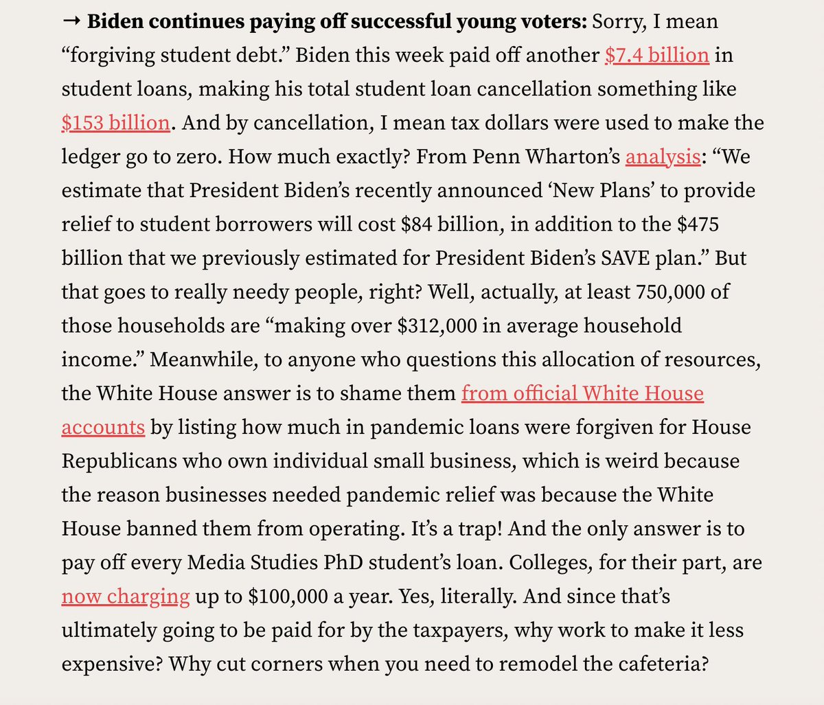 'Colleges, for their part, are now charging up to $100,000 a year. Yes, literally. And since that’s ultimately going to be paid for by the taxpayers, why work to make it less expensive?' Spot on, @NellieBowles. thefp.com/p/tgif-wwiii-m…