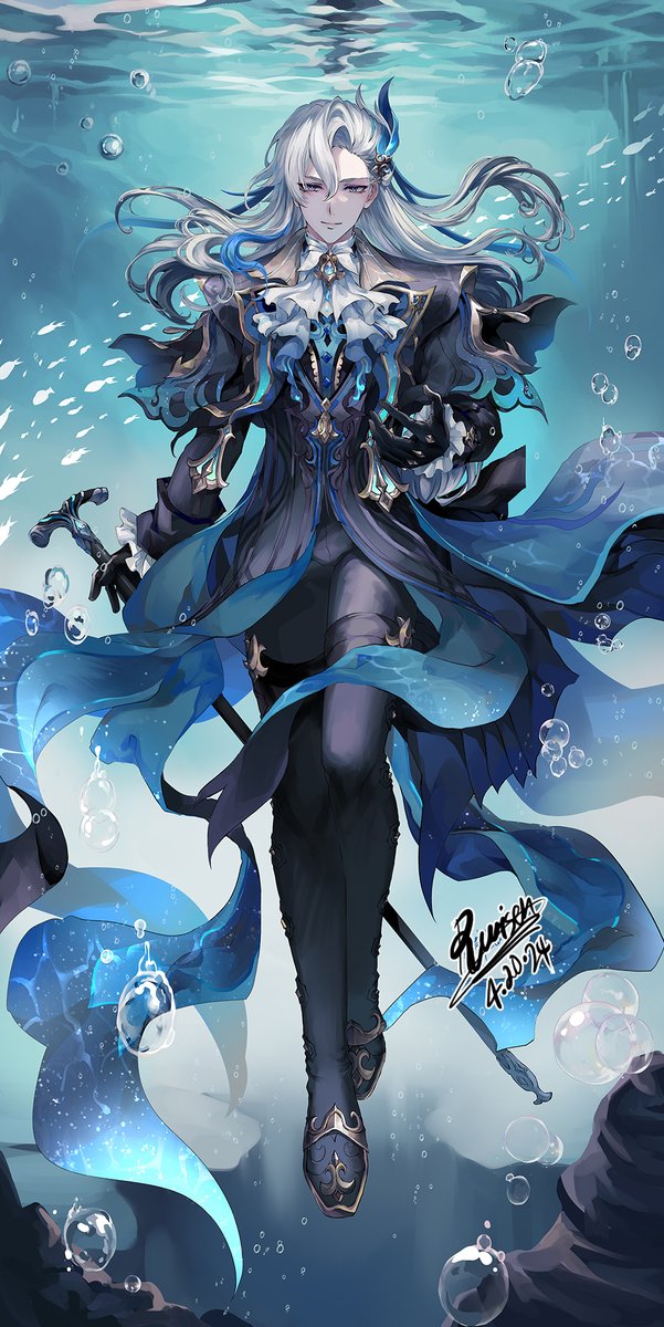rurisen's tweet photo. Front side body pillow art of #Neuvillette iss finally finished after a long and endless battle with his intricate details that burnt my brain  CPU 😅

Initially I wanted draw him crying under the sea but I don't think that's appropriate for a dakimakura LOL

#GenshinImapact https://t.co/QCaJ60eUa6
