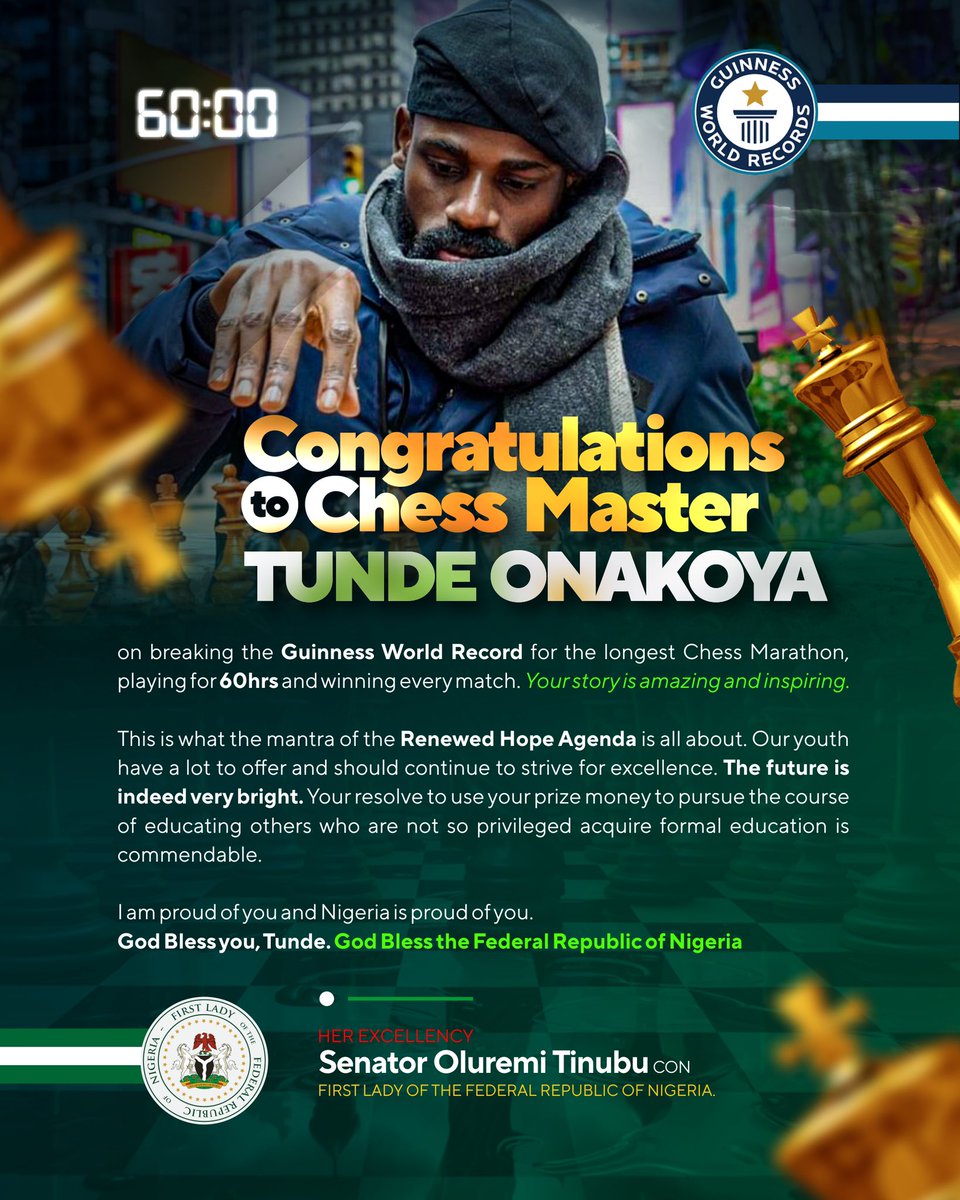 Congratulations to Chess Master Tunde Onakoya @Tunde_OD on breaking the Guinness World Record for the longest Chess Marathon, playing for 60hrs and winning every match. Your story is amazing and inspiring. This is what the mantra of the Renewed Hope Agenda is all about. Our…