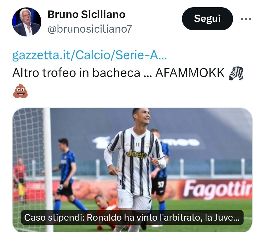 Il patetico ossessionato dalla Juventus ha vinto un'altra partita 😂😂😂 Prufesso', l'anno prossimo comprati un divano nuovo, ti tocca guardare la Juventus in Champions ed al Mondiale. Alla facciaccia tua 😂😂😂😂😂 #brunosiciliano #napoliempoli