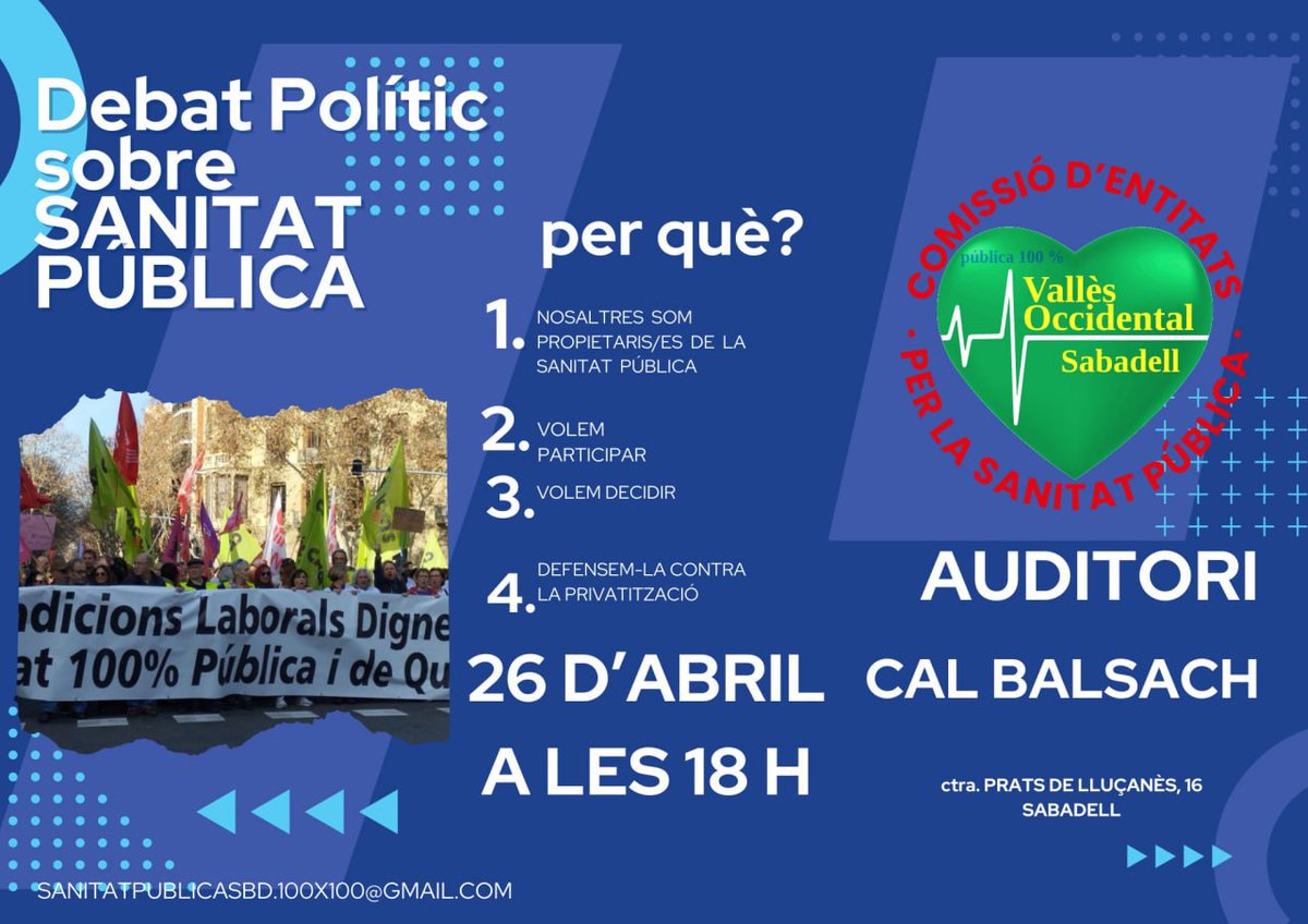 SanitatSBD15M's tweet photo. 📣📣📣
Què ens respondran els polítics que es presenten #12M a les eleccions autonòmiques, sobre:
➡️LES RESIDENCIES?
➡️EL SAD?
➡️MEDIAMBIENT I SALUT?
➡️SANITAT PÚBLICA?
🔴Diran la veritat?
#Sanitat #sad #mediambient #residencies
DIA 26 D'ABRIL- 18 H
AUDITORI CAL BALSACH https://t.co/QcTvcmGa57