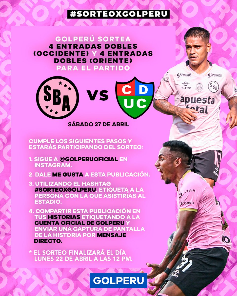 GOLPERUoficial's tweet photo. ¡SÉ UNO DE LOS GANADORES! 🔥

Participa por las 4⃣ entradas dobles en occidente y 4⃣ entradas dobles en oriente para asistir al partido entre @sportboys 💗 ante @UComercio 🔴🔵🟢 por la fecha 13 del #TorneoAperturaXGOLPERU 🏆🇵🇪. No te olvides de seguir los pasos de la imagen 👀. https://t.co/0zMu8p6OBS