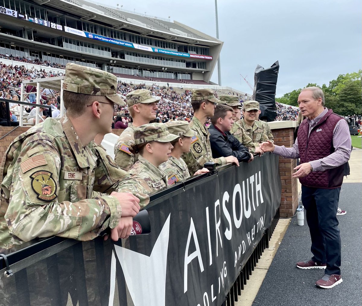 Mississippi State President Mark Keenum greeted cadets from MSU’s Army ROTC spirit squad who add to the celebration of Bulldog touchdowns with pushups. The cadets received their annual achievement awards at the Chapel of Memories on April 25. Graduating seniors await commissions.