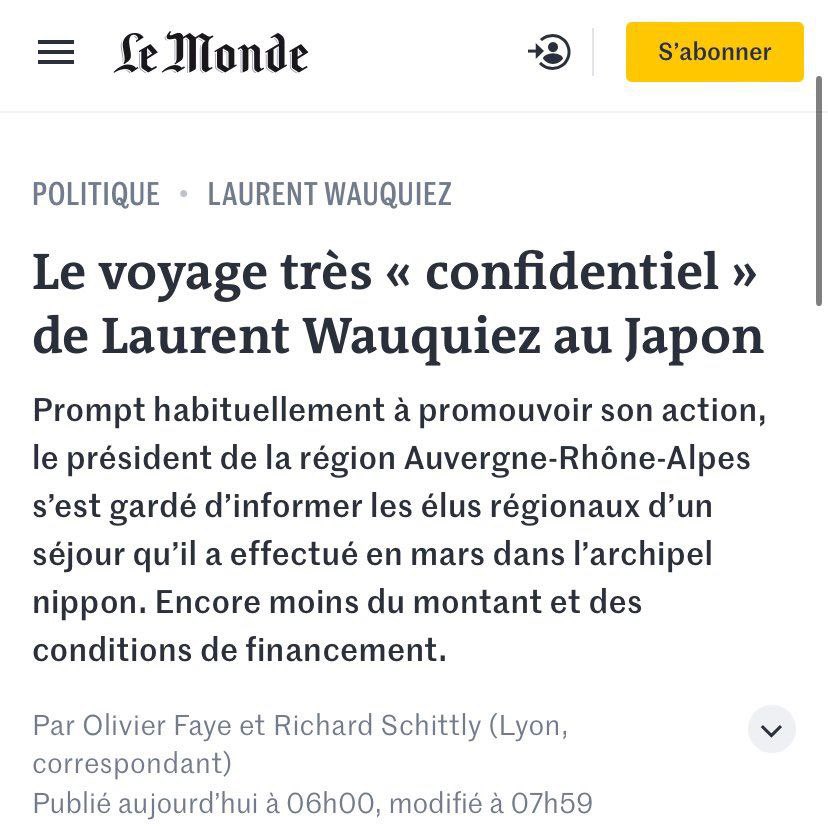 🇫🇷 Pendant qu’on parle de la dette qui devra être payée par les pauvres : #Wauquiez, qui ambitionne de devenir président de la République, a voyagé 7 jours au Japon aux frais du contribuable sans prévenir ses collègues de la Région. Un dîner gastronomique a été donné pour 150