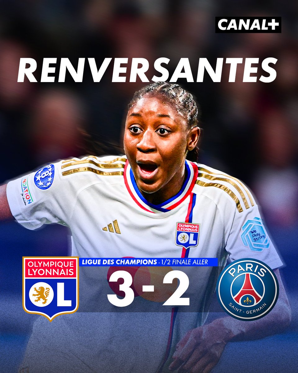 CanalplusFoot's tweet photo. L'Olympique Lyonnais s'impose 3 buts à 2 face au PSG en 1/2 finale aller de Ligue des Champions, alors que les Lyonnaises étaient menées 0-2 à la 80ème minute ! 😳

Rendez-vous le 28/04 pour le match retour au Parc des Princes 🔥

#OLPSG | #UWCL https://t.co/C6ElIAm9ik