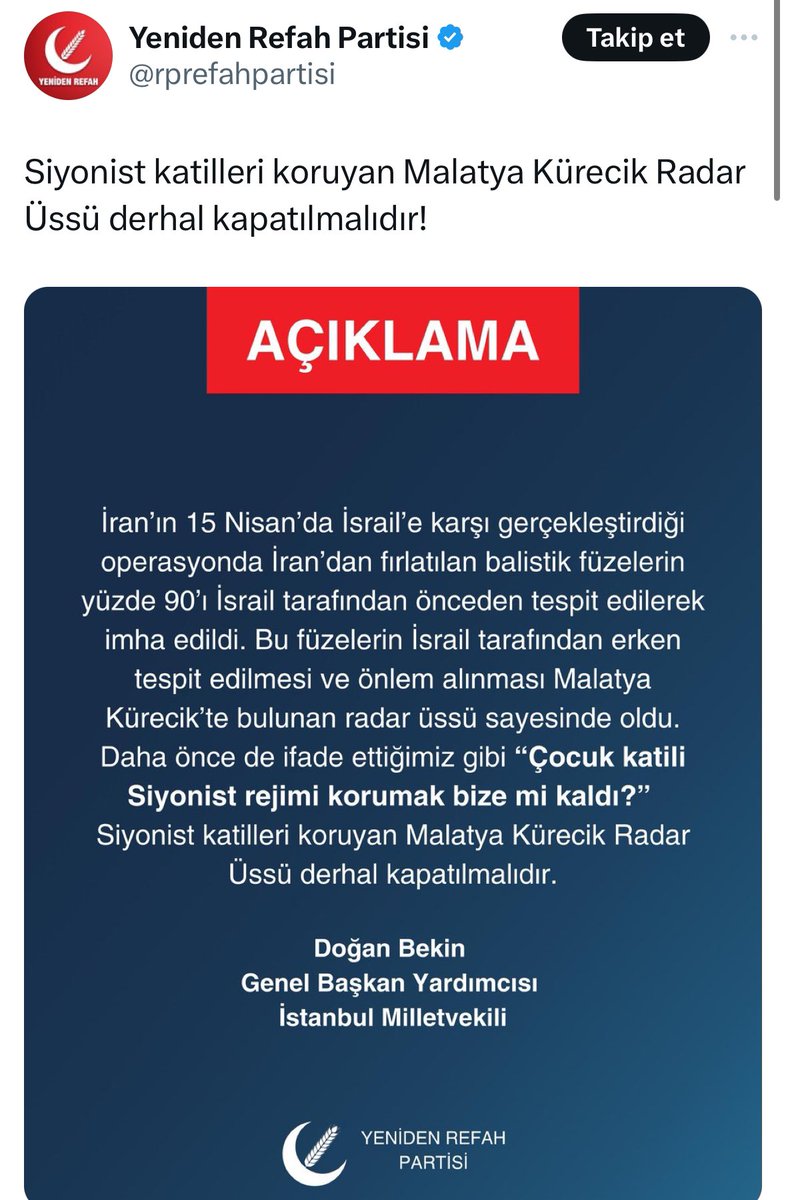 İran’ın böyle bir açıklaması yok, İsrail’in böyle bir açıklaması yok, NATO’nun böyle bir açıklaması yok, Türkiye’nin böyle bir açıklaması yok. Sadece kimin var? Adnan Oktar’ın müridi Fatih Erbakan’ın Yeniden Refah Partisi’nin. Parti binasında sıkıntıdan kaşınırken akıllarına bu…