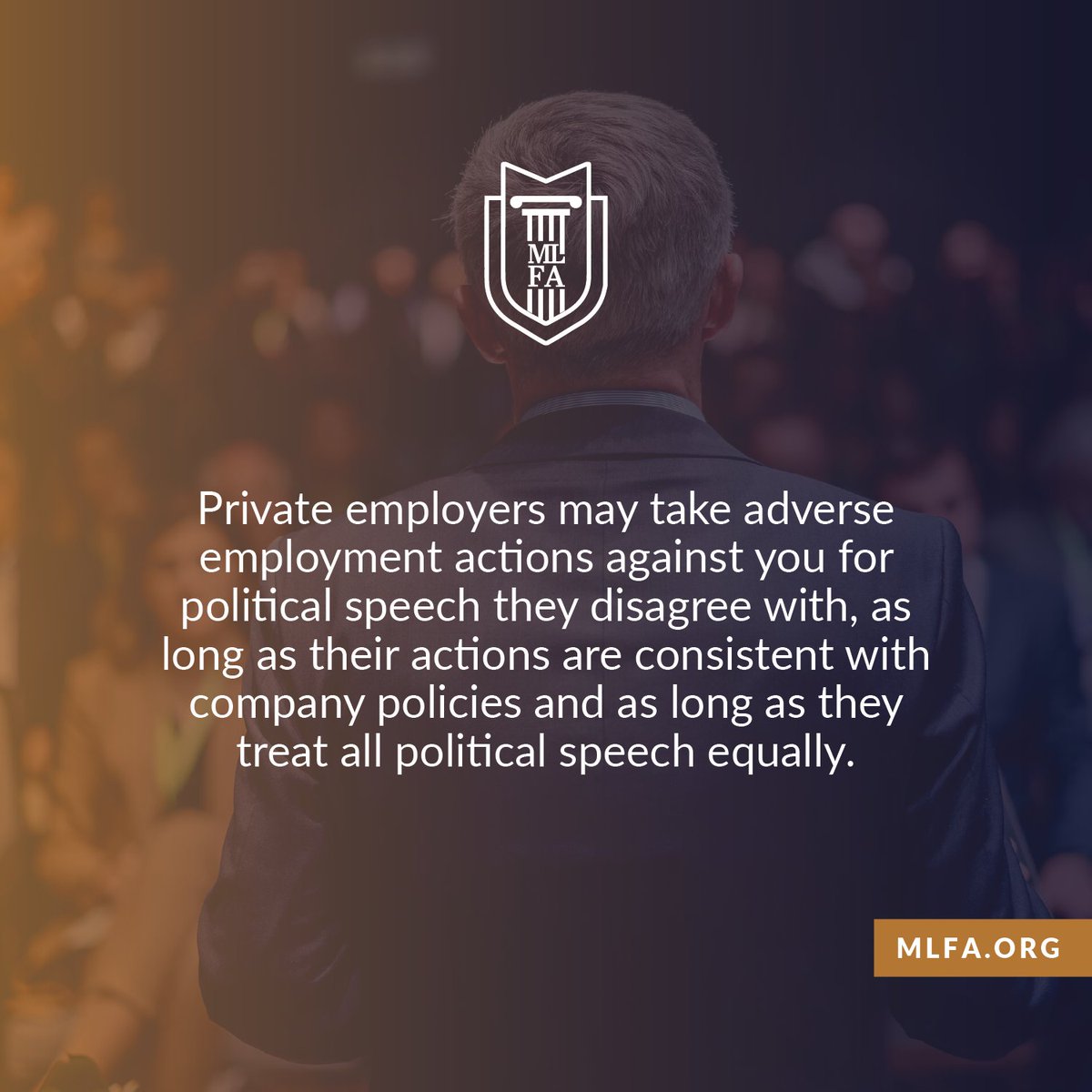 Your private employer could fire you for speaking your mind politically! We've seen a tremendous increase in reports against private employers  - what you need to know!  Swipe to learn why >>> Learn more at MLFA.ORG