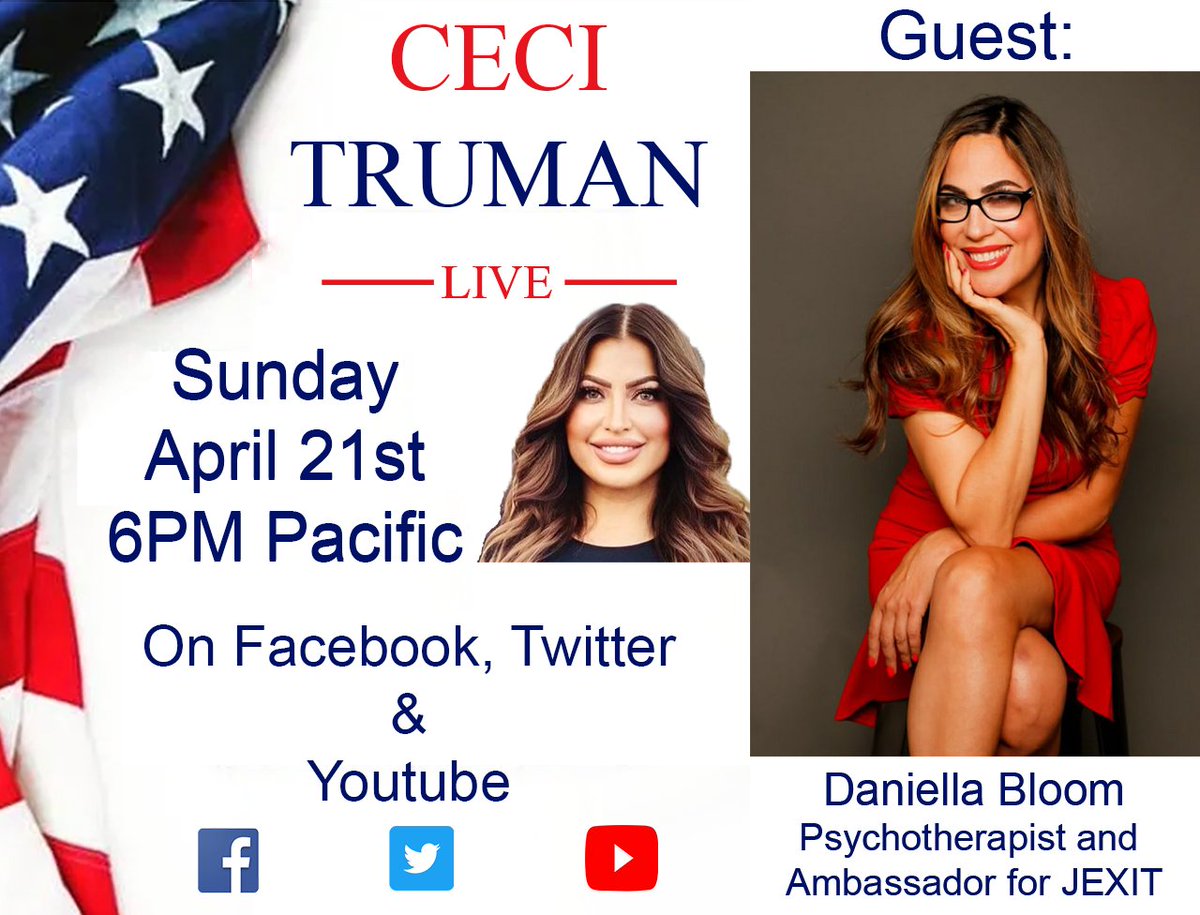 Join us live on Sunday, April 21 at 6pm PST.
We will have special Daniella Bloom, Psychotherapist and Ambassador for JEXIT.
 
Watch LIVE or the replay on the following,
YouTube: youtube.com/@CeciTrumanFor…
Rumble: rumble.com/c/c-2295172

Support Today
TrumanForCongress.com