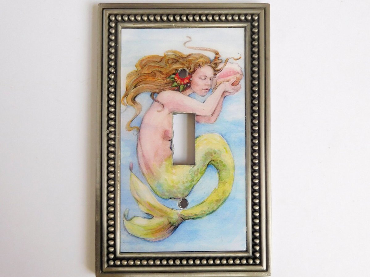 Mermaid Art Decorative Switch Plate, Mermaid Decor, Beach House Wall Art, Beach House Decor Gift, Mermaid Birthday Gift, Copper Switch Plate The image used to create the 'Song of the Conch Shell' Mermaid Switchplate is a print of an original watercolor I… etsy.com/listing/386366…