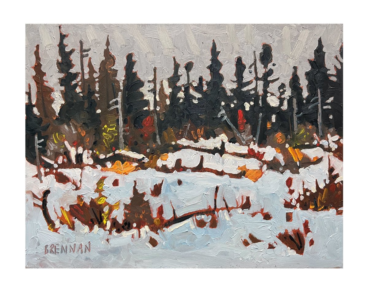 Forest Edge, Winter. Oil on panel, 7x9 inches. #canadianart #forestedge #winter #snow #grey #landscapepainting #oilpainting #canada