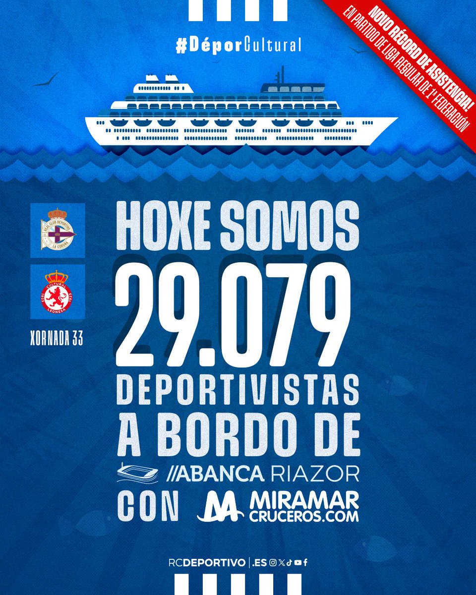 #ANOSAFORZA: hoxe en #ABANCARIAZOR somos todos estes #Deportivistas vendo o #DéporCultural con <a href="/MiramarCruises/">Miramar Cruises</a>

🏅 Novo récord histórico nun partido de liga regular en <a href="/Primera_RFEF/">Primera Federación Versus e-Learning</a>!