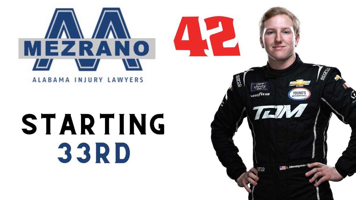 #AgPro300 is coming up shortly on @NASCARONFOX! @Lelandhoneymnjr will roll off from 33rd in his @TALLADEGA debut in the No. 42 @MezranoLaw Camaro