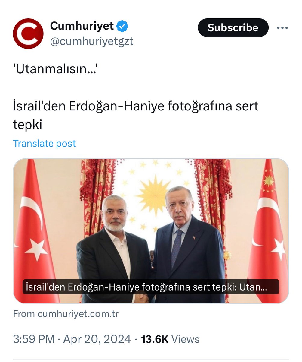 Cumhurbaşkanı Erdoğan 'ın, Hamas liderleri İsmail Haniye, ve beraberinde ki heyeti ağırlaması Bebek katili Yahudi İsrail'den çok İçimizde ki İT lerini KUDURTMUŞ. Hoşt Ulan Şerefsiz Ekrem İmamoğlu #fahisyemeğeBOYKOT Esra Bilgiç