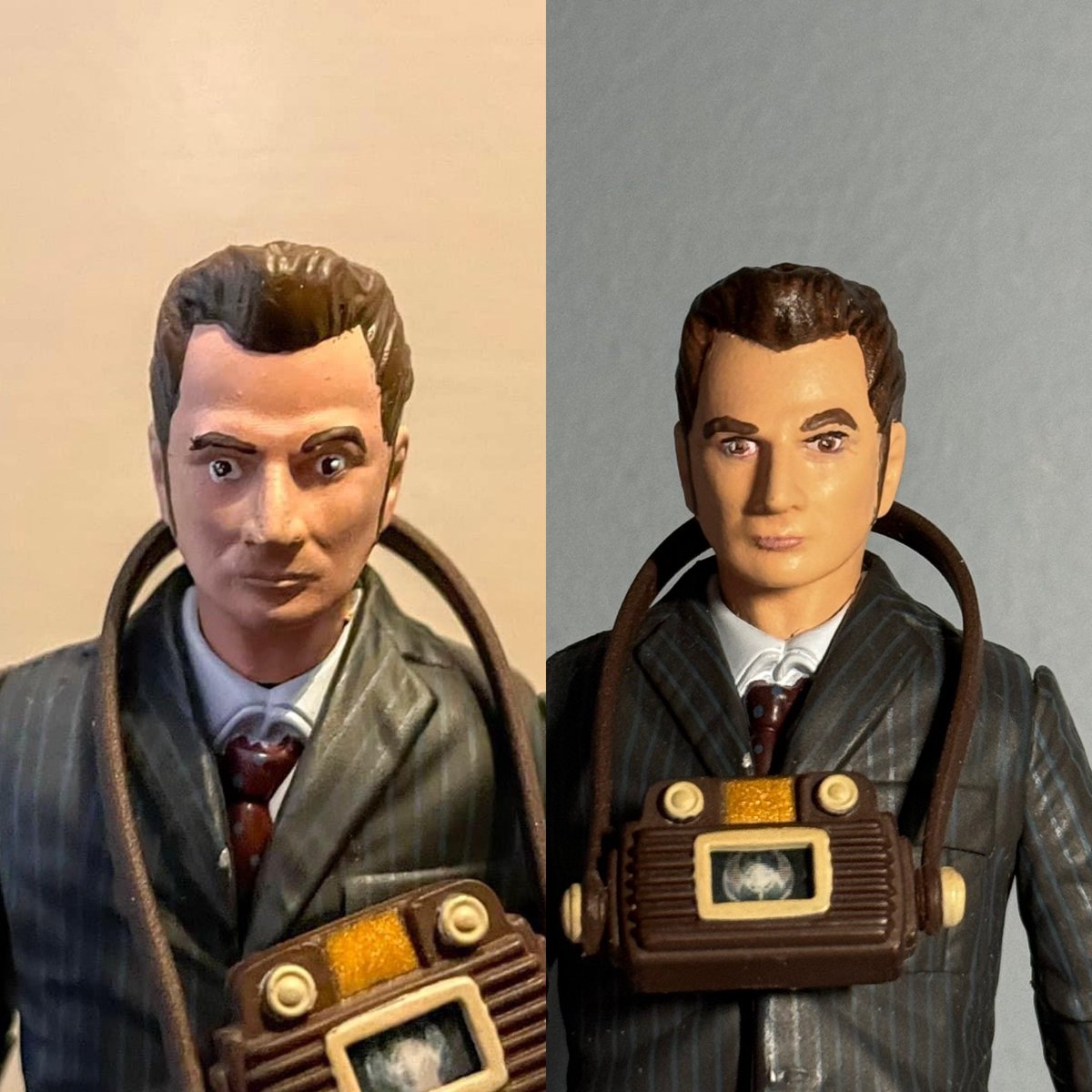 JR1991JR's tweet image. The 10th Doctor, as seen in The Idiots Lantern. 

A nice updated paint job on the head. 
Also added Rose to the TV
Head from @doctor_whoUK 

#DoctorWho #DoctorWhoCustomFigure