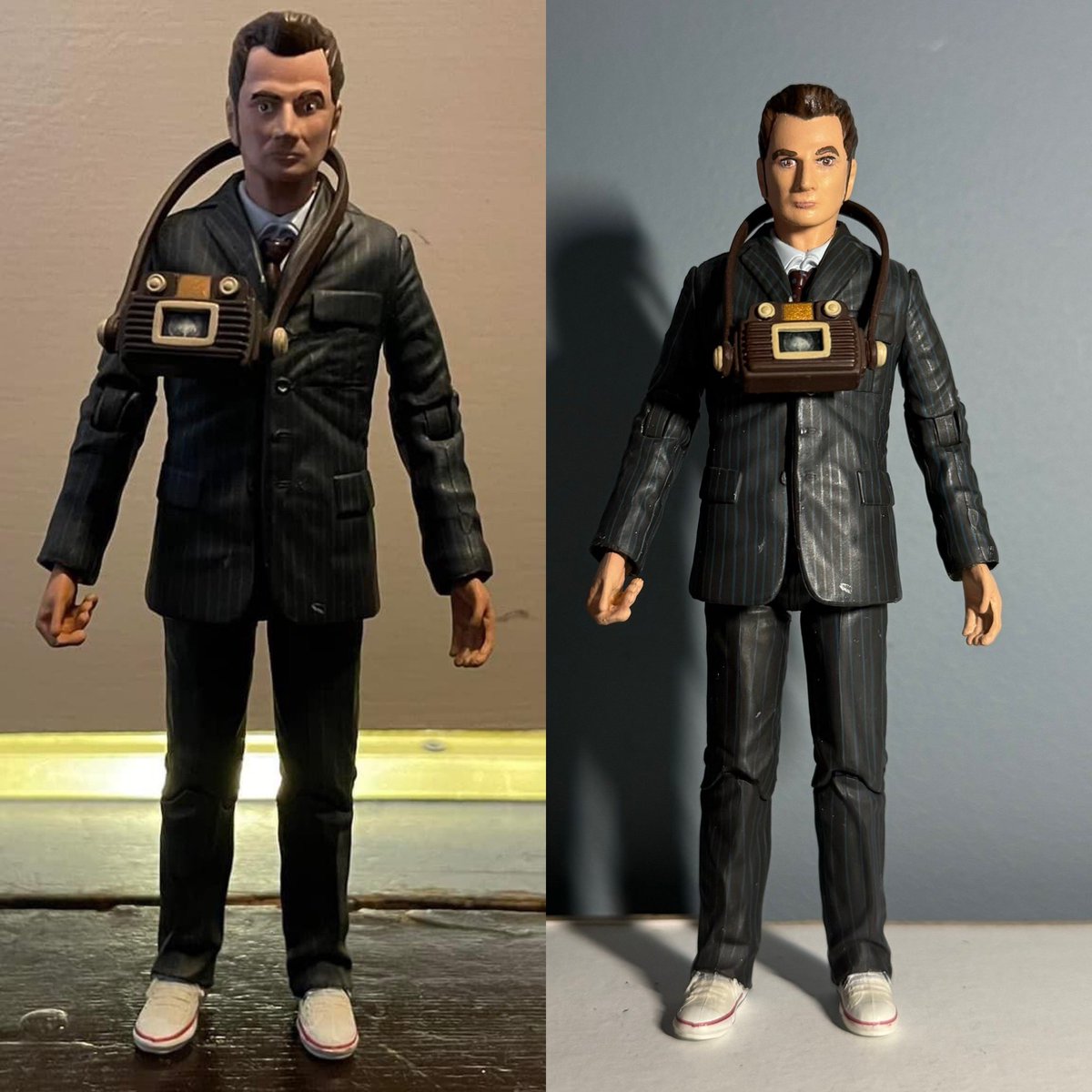 JR1991JR's tweet image. The 10th Doctor, as seen in The Idiots Lantern. 

A nice updated paint job on the head. 
Also added Rose to the TV
Head from @doctor_whoUK 

#DoctorWho #DoctorWhoCustomFigure