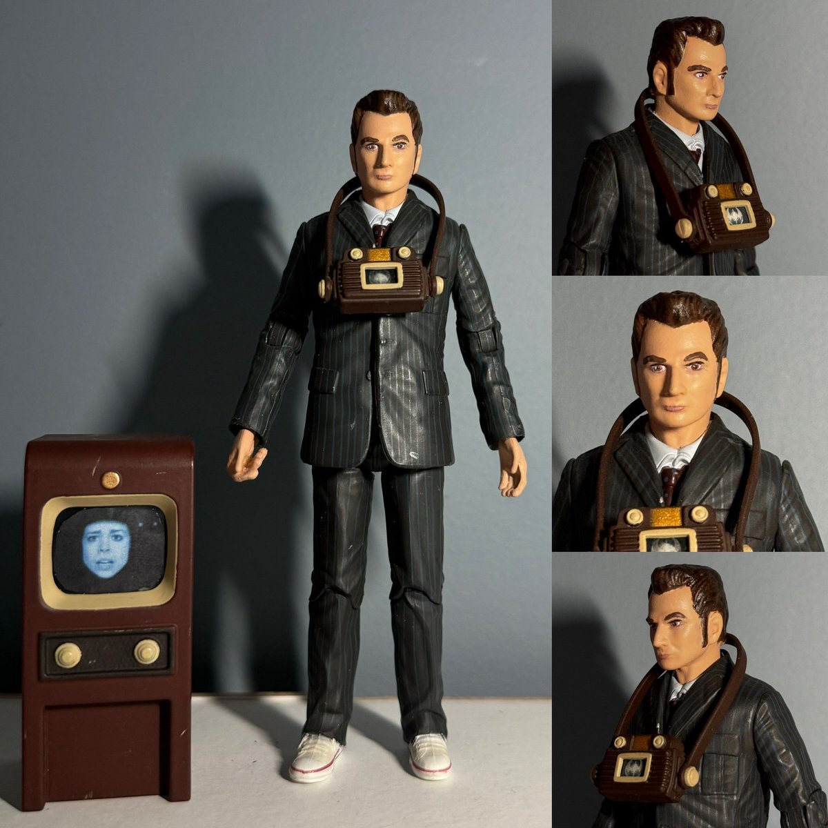 JR1991JR's tweet image. The 10th Doctor, as seen in The Idiots Lantern. 

A nice updated paint job on the head. 
Also added Rose to the TV
Head from @doctor_whoUK 

#DoctorWho #DoctorWhoCustomFigure