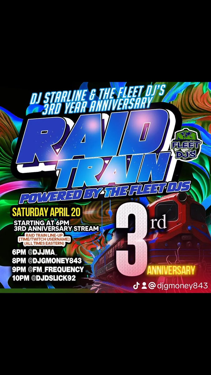 SATURDAY 4/20 at 6PM ET on Twitch.tv!

It's The Fleet DJ Raid Train 3rd Year Anniversary🚂! Starring The World Wide Fleet DJs 🌎!

6PM <a href="/DJJma_/">DJ Jma</a>
8PM @DJGmoney843
9PM @FM_Frequency
10PM @DJDSlick92

Brought to you by @djstarline.edm &amp; the @fleetdjs

 #FleetDJs  #Twitch