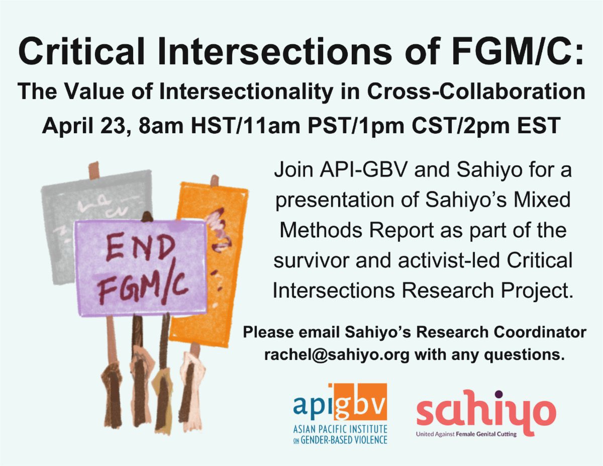 Explore the issue of female genital FGM/C through an intersectional lens. Join us and @apigbv on April 23rd, for a presentation of our Mixed Methods Report as part of the survivor and activist-led Critical Intersections Research Project. 📲Register: us02web.zoom.us/meeting/regist…