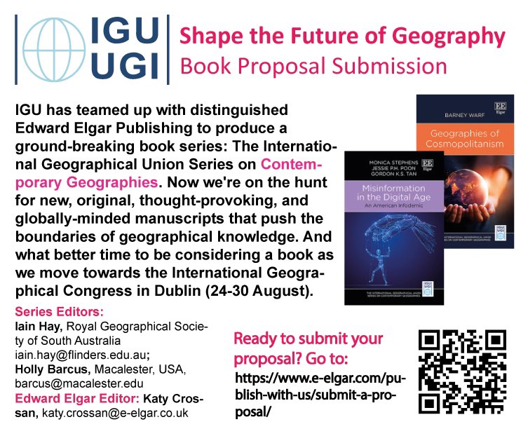 The IGU has teamed up with Edward Elgar Publishing to produce a ground-breaking book series on Contemporary Geographies. Now we're on the hunt for new, original, thought-provoking, and globally-minded manuscripts! Go to e-elgar.com/publish-with-u… and complete our form.