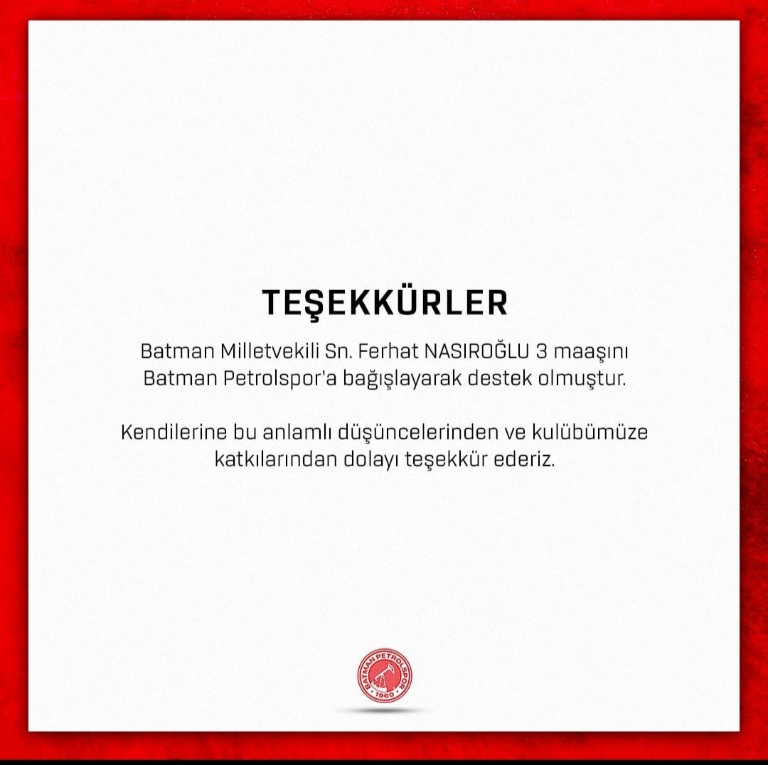 Batman Petrol Spora Desteklerini Esirgemeyen Milletvekilimiz Sn @fnasiroglu Teşekür Ederiz. Yarın Oynanacak Maça Tüm Batman Halkı Olarak Tek Yürek Olarak Trübünlerde Yerimizi Alacağız.