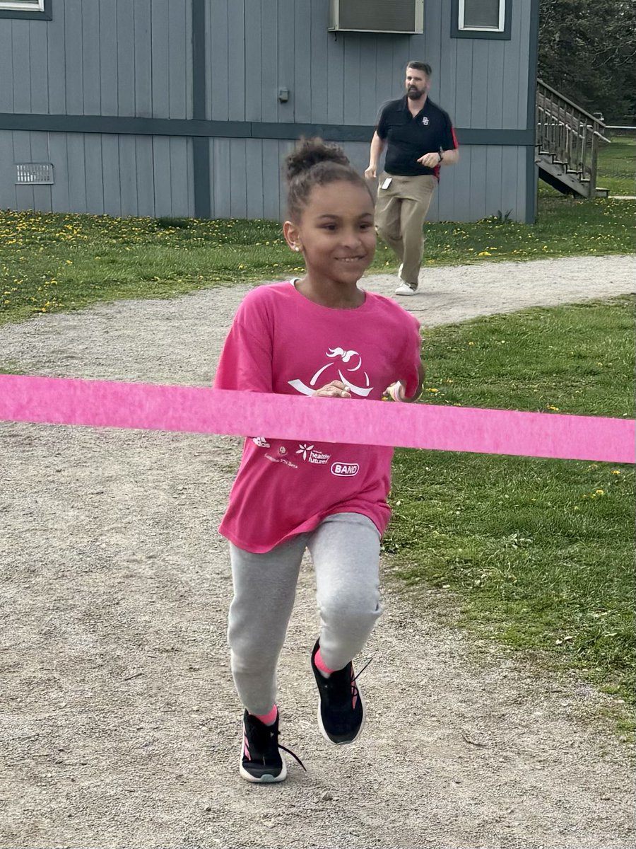 The Crim Girls on the Run program practice 5K was yesterday! Coaches held a streamer across the track as each participant finished. They crossed the finish line with a triumphant smile as their coaches, teammates, Bobby & Betty Bobcat , and Freddy & Frieda Falcon cheered them on!