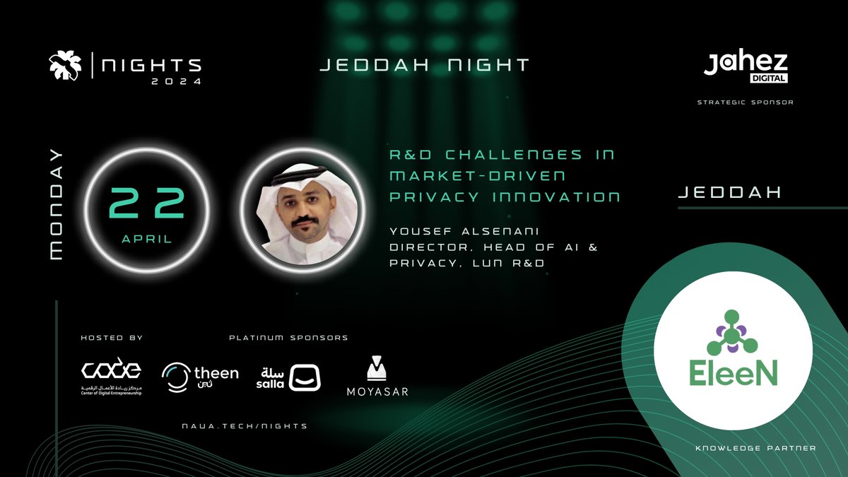 RedaBanjar's tweet photo. على بركة الله نستكمل لقاءات فعالية @nauatech  Nights 2024 بعد (استراحة محارب) بسيطة!

أقمنا 4 ليالي برمضان / مارس في #الرياض، وبإذن الله على وعد بإقامة 8 ليالي إضافية حضورية متفرقة ما بين 1 - 16 مايو. مع العلم بأن الجدول ما زال قيد التحديث، لكن يمكن التعرّف أكثر على الفعالية والمشاركين من خلال الموقع:
➡️ https://t.co/i2c6AT2hxi

لكن قبل ذلك يسعدنا أن تكون انطلاقتنا من بين أحبابنا في #جدة، حيث سنقيم ليلة خاصة قريبة جدًا جدًا بضيوف قديرين يوم الإثنين القادم!

المقاعد محدودة جدًا جدًا، وفعليًا قاربت على النفاذ.

✅ إذا كنت مهتمًا بالحضور، يمكنك طلب الدعوة من خلال زيارة ملفك الشخصي على موقعنا:
➡️ https://t.co/6ZrlXRDw2w

📍 جدة
🗓️ 22 أبريل، 2024
🕛 6:30 - 10:00 مساءً

مشاركة شريكنا المعرفي @iEleeNai
بوجود: د. يوسف السناني
وجلسة حديث مميزة بعنوان:
R&D Challenges in Market-Driven Privacy Innovation

مشاركة شريكنا المعرفي @resal
بوجود: م. @AnasAmoudi، م. محمد القضيب، م. ولاء الطويرقي
وجلسة حوارية استثنائية بعنوان: 
Beyond the Legacy: Lessons from 3 Years of Tech Transformation in a Startup